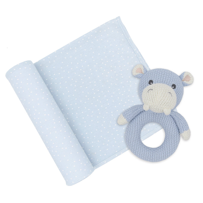 Jersey Swaddle & Rattle - Dots/Hippo