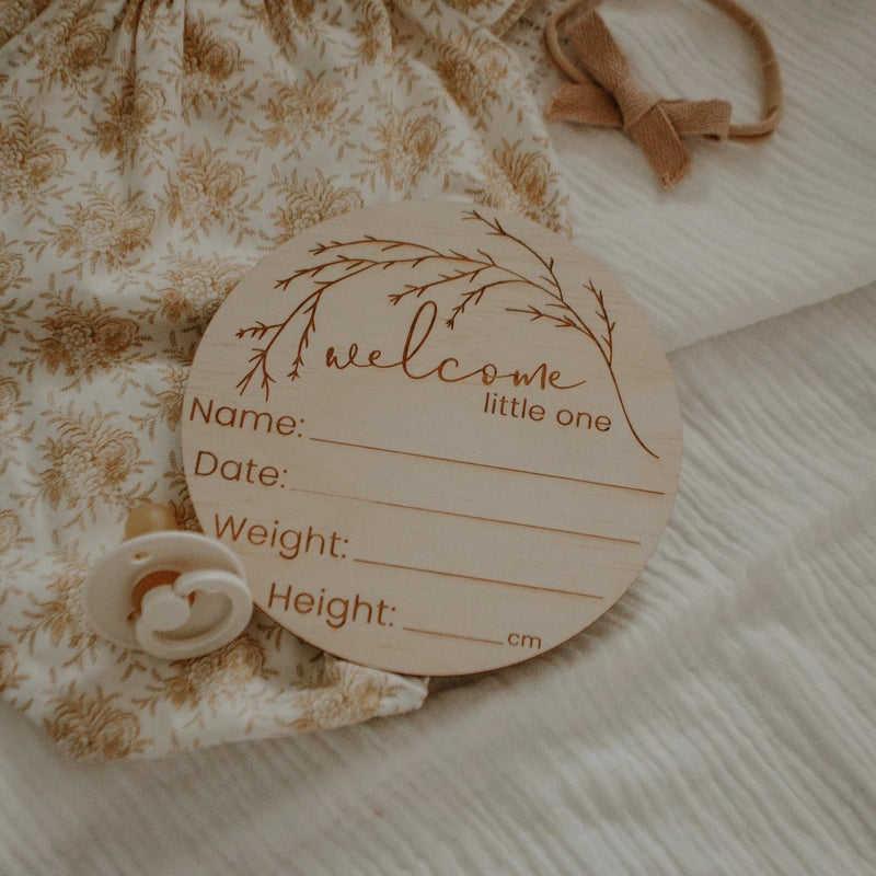 Hello Fern Wooden "Welcome Little One" Whimsical Birth Announcement Disc